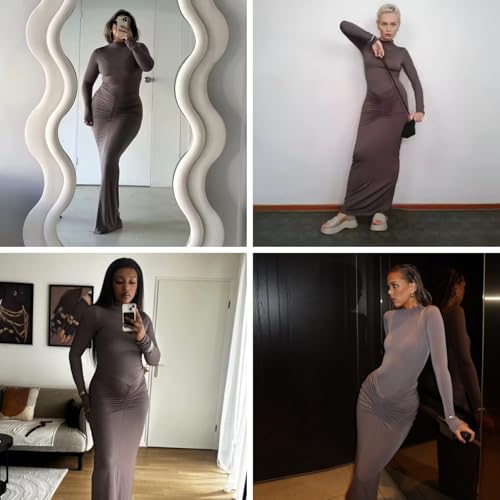 Image of Women's Sexy Turtleneck Long Sleeve Maxi Dress Elegant Ruched Bodycon Long Dress Casual Party Dresses