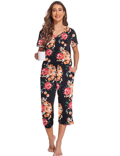 Image of Ekouaer 2 Pack Women's Capri Pajama Sets Short Sleeve Two-Piece Pjs V Neck Tops & Pants Printed Lounge Sets S-3XL