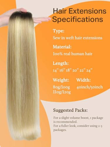 Image of DOORES Weft Hair Extensions Human Hair, 14 Inch 80g Light Ash Brown to Light Blonde Highlighted Golden Blonde, Brazilian Bundles for Sew In, Straight Hair Extensions