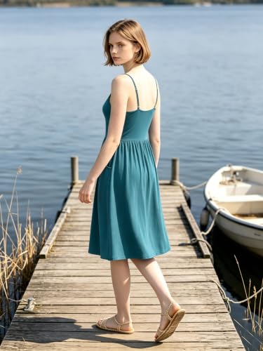 Image of YATHON Casual Dresses for Women Sleeveless Cotton Summer Beach Dress A Line Spaghetti Strap Sundresses with Pockets