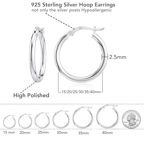 Charmsy 925 Sterling Silver Hoop Earrings | Lightweight Italian 2.5mm Tube Diamond-Cut Round Classic Hoops Earring for Women | Size 15/20/25/30/35/40/50/60/70mm | Small Medium Large 5