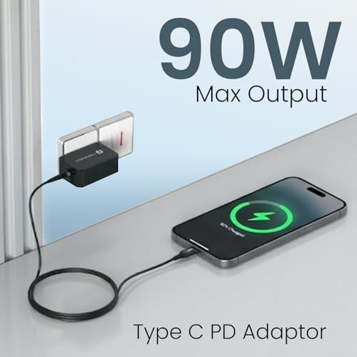 Image of Portronics 90W Zion 90 PD Fast Charging Laptop Adaptor with in Built Type C Cable, PPS Technology, 1.5m Cable Length, Compatible with Laptops, Smartphones, Tablets, MacBooks, iPads (Black)