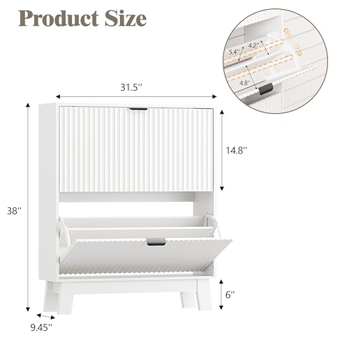 Image of HUANLEGO Shoe Cabinet Storage for Entryway with 2 Flip Drawers, Fluted Narrow Shoe Organizer with Wooden Legs, Freestanding Slim Shoe Storage Hidden Shoe Rack Organizer for Front Door Entrance, White