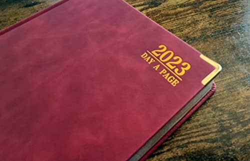 EJRange 2023 Diary Day to Page A4 - Half an Hour Time Slots for Appointments, Daily Planner, Journal, Notebook, PU Leather Cover Ribbon - Gold and Burgundy