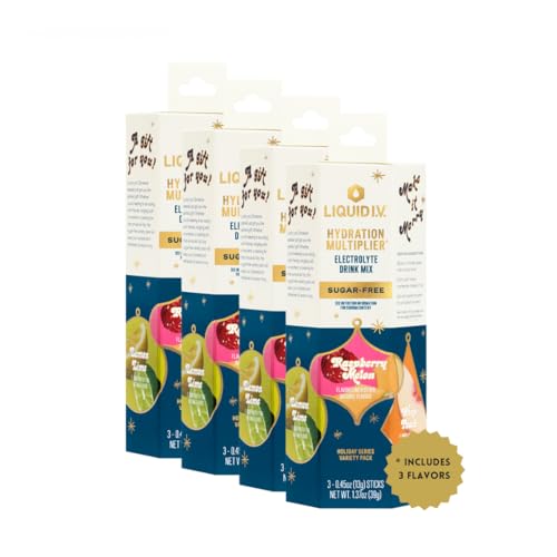 Image of Liquid I.V. Hydration Multiplier Sugar-Free - Variety Pack Stocking Stuffer - Raspberry Melon, Lemon Lime, and White Peach - 4 Pack (12 Sticks)