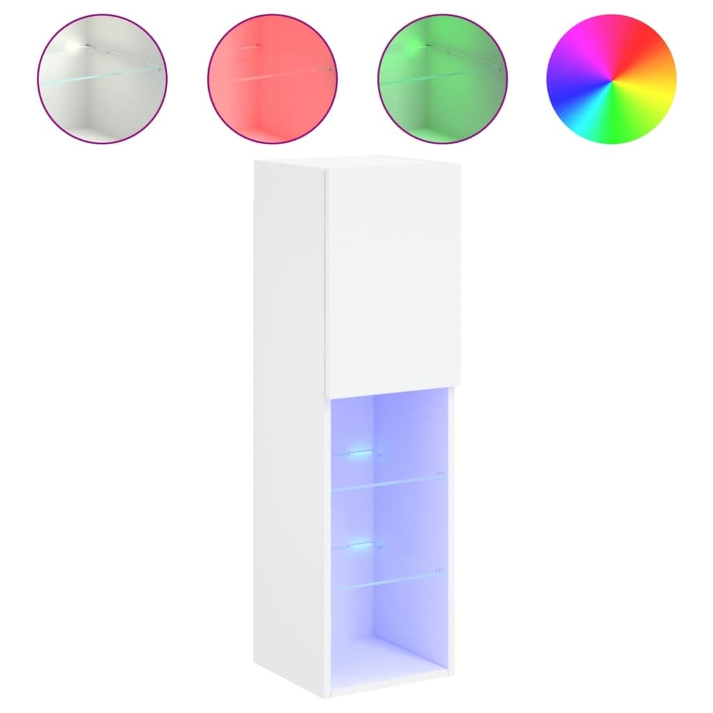 Szafki pod telewizor 2 sztuki z oświetleniem LED RGB, białe szafki TV 30,5x30x102 cm, meble telewizyjne z drewnopochodnego materiału do montażu na ścianie przestrzenią do