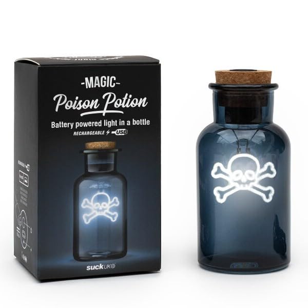 Image of Suck UK Poison Potion Skull Bottle Lamp | Gothic Home Decor & Horror Decor | Neon Light in Bottle | Halloween Lights & Halloween Home Decor | Gothic Decor & Mood Lighting | Halloween Night Light