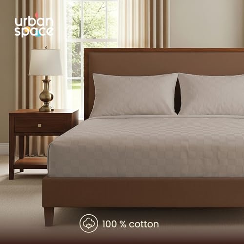 Image of Urban Space 100% Cotton 300TC Jacquard Fitted bedsheets for King Size Bed, Pure Cotton Bedsheet King Bed, Checks Fitted bedsheet King Size with 2 Pillow Covers (72 x 78 Inches, Soft Brown Cubes)