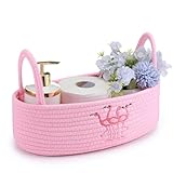 Vesici Pink Flamingo Woven Storage Basket for Toilet Tank Top Boho Cotton Rope Bathroom Countertop Organizer Basket with Handle Pink Bathroom Decor for Bedroom Nursery Toys Organizing, 13 x 6 x 4 Inch