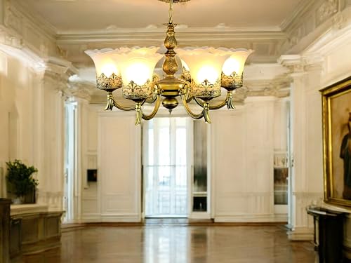Image of Prop It Up Antique Chandelier, 6 Light Glass Shades, Antique Brass Finish, Victorian Style, Without Bulb