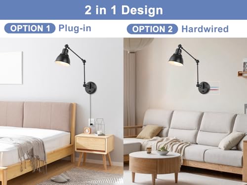 Image of GOODATE 2 Pack Plug in Wall Sconces with Remote, Dimmable, Adjustable Colors, Swing Arm Wall Lamps, Wall Sconces Set of Two with Timer & Night Light, Plug-in or Hardwired (Black, with Bulbs+Remote)