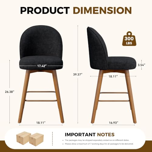 Image of Modern Swivel Bar Stools Set of 2, Chic Upholstered Counter Height(26IN) Bar Chair with Back, Solid Wood Legs and Footrest, Comfortable Chenille Bar Stool for Kitchen Island, Charcoal Black