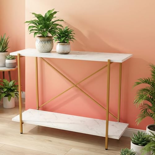 Image of ecofynd Elix Plant Stands for Balcony, Flower Pot Stand for Indoor Plants, 2 Tier Long Metal Planter Stand for Living Room, home decor, Indoor & Outdoor plants (47 inchX9 inchX28 inch, White and Gold)