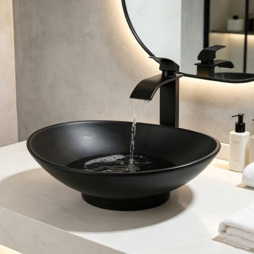 MEKKHALA Black Oval Bathroom Vessel Sink with Faucet and Drain Combo