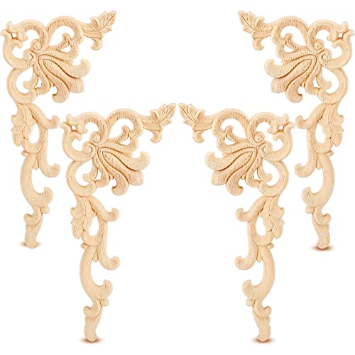 Image of Yulejo 4 Pcs Wood Appliques and Onlays for Furniture, Unfinished Wooden Appliques Corner Trim, Decorative Wood Carved Applique DIY Paintable Decorative Molding for Cabinet Door Mirror Bed Wardrobe