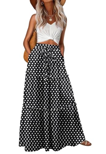 Image of Lepunuo Womens Casual Boho High Waisted Flowy Maxi Skirts Tiered Floral Long Skirts with Pockets for Summer Beach Vacation