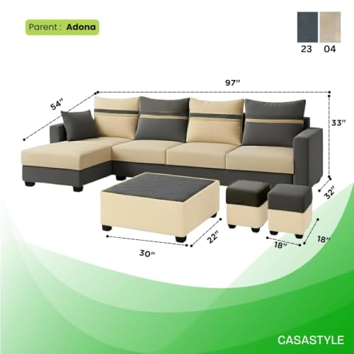 Image of CASASTYLE Wallis 8 Seater Fabric LHS L Shape Sofa Set with 1 Centre Table & 2 Puffy (Cream- Dark Grey) Velvet Finish | Comfortable Sofa for Living Room