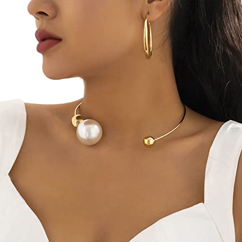 Metal Pearl Open Choker Necklace Adjustable Gold Pearl Choker Necklaces for Women Round Open Cuff Necklace Elegant Cuff Collar Necklace Statement Chain Necklace for Women (Gold)3