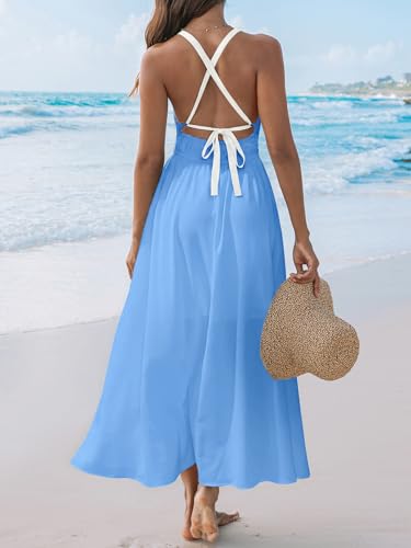 Image of CUPSHE Women 2026 Summer Beach Maxi Dress Plunge V Backless Cami Strape Smocked Waist Sun Dress Long Wedding Guest Dress