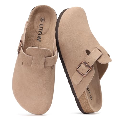 Litfun Women's Genuine Suede Clogs Soft Footbed Leather Potato Shoes Comfort Slip On Clogs with Arch Support, Taupe, EU 39