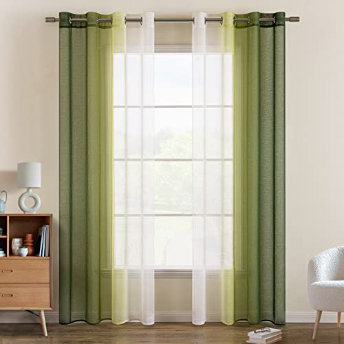 EMEMA Voile Vorhang Zweifarbiger Vorhang mit Ösen Transparente Gardine Ösenschal Fensterschal Lichtdurchlässig für Schlafzimmer 2er Set 140x225cm Olivergrün