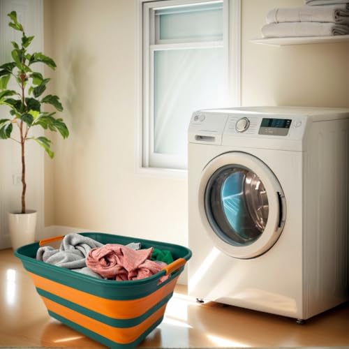 Image of SAMMART Collapsible Plastic Laundry Basket with Handle /Foldable Pop Up Storage Hamper /Portable Laundry Organizer-Space Saving Washing Tub /Household Storage (Teal Green /Autumn leaf, 27L (Set of 2))