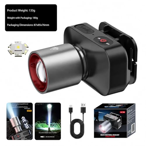 Image of GlowBase Headlamp Torch with Headband, Rechargeable, Zoomable LED with 3 Light Modes, Type C Charging, Battery Power Indication, for Cycling, Trekking, Camping (Black)