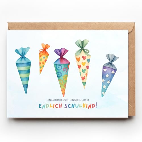 10 Einladungskarten zur Einschulung mit bunten Schultüten Aquarell Einladungen Schulstart Schulanfang Junge Mädchen A6 Einladungen Schuleinführung Erstklässler A6 (10 Einladungen inkl. Umschläge)