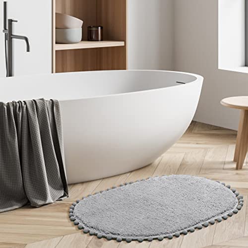 Yirddeo Bath Mat Light Grey Oval Rug With Pom Bathroom Rugs For Bedroom Non Slip Cute Boho Absorbent Mats Soft Plush Washable Rug thumb #7