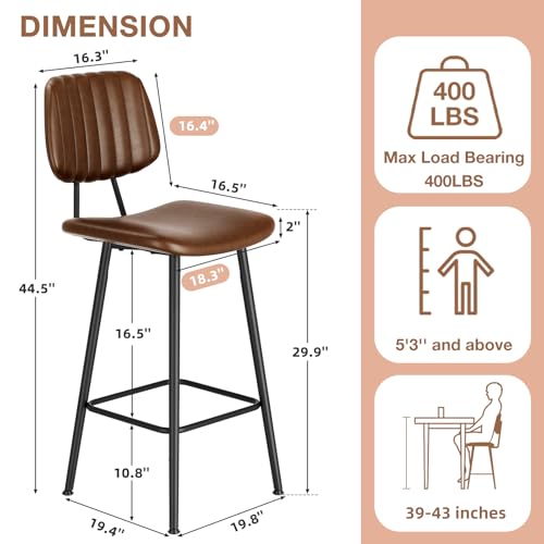 Image of Raynesys 29-Inch Leather Bar Stools Set of 4 with High Backrest, Dark Brown