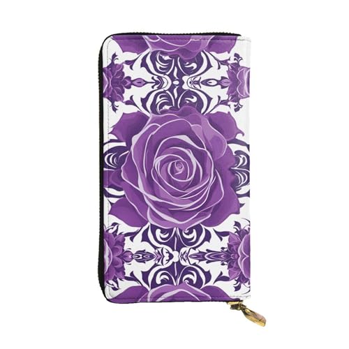 Portefeuille en cuir long élégant aux motifs de roses violettes raffinées