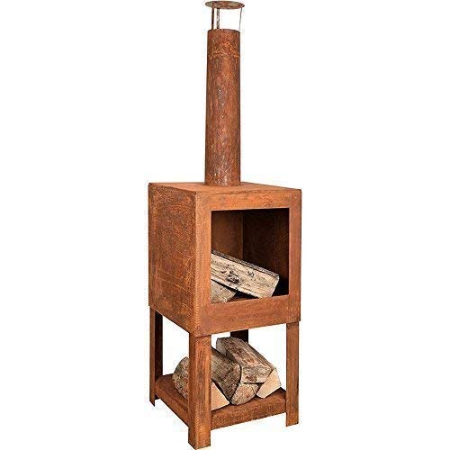 linoows Terrassen-Ofen, Garten-Kamin mit Holzlager Rost und Schornstein aus Eisen
