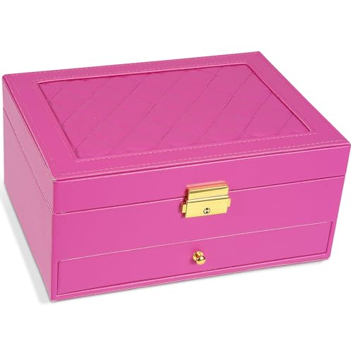 Unimoly 2-Layer Jewelry Box for women, jewelry organizers and storage with Removable Jewelry Tray, vintage quilted top Lockable Jewelry Holder Gift Idea Rose Red