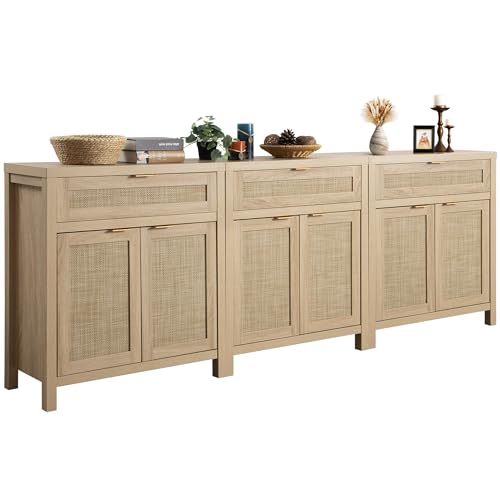 SICOTAS-Sideboard-Buffet-Storage-Cabinet-Set-of-3-Rattan-Credenza-Buffet-Table-Boho-Console-Accent-Cabinet-with-Doors-and-Drawer-Coffee-Bar-Cabinet-for-Kitchen-Entryway-Living-Room-Natural SICOTAS Sideboard Buffet Storage Cabinet Set of 3 Rattan Credenza Buffet Table Boho Console Accent Cabinet with Doors and Drawer Coffee Bar Cabinet for Kitchen Entryway Living Room Natural
