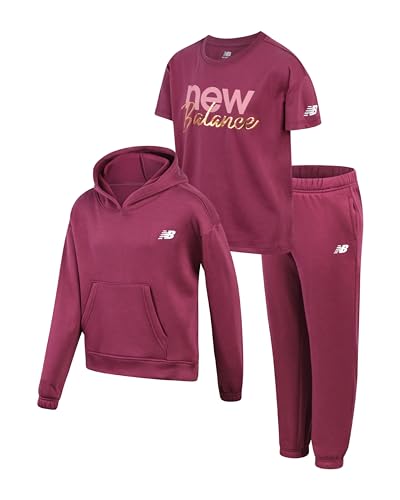 New Balance Active Girls Pants Set - 3 Piece Athletic T Shirt Girls Sweatshirt and Track Pants Activewear Set (7-12)