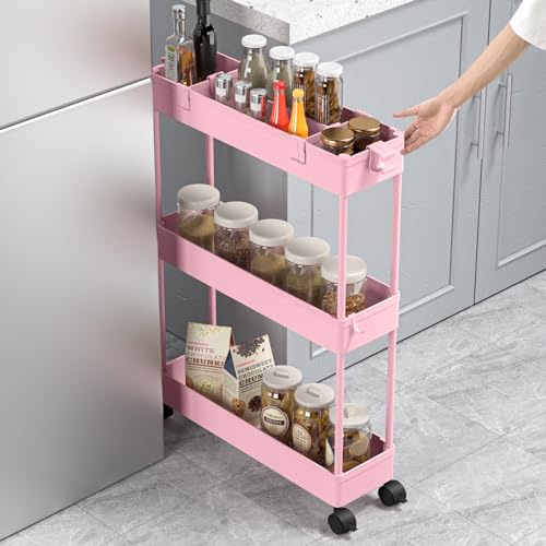 Image of SPACELEAD Slim Storage Cart 3 Tier,Bathroom Organizer Rolling Utility,Mobile Shelving Unit Slide Out for Office, Kitchen, Laundry Room & Narrow Places,Pink
