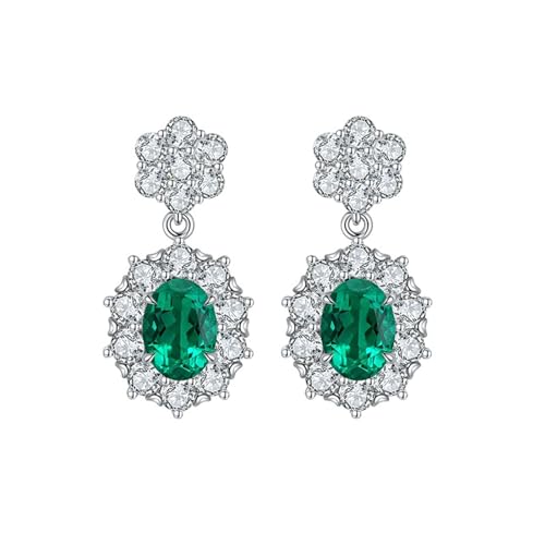 Boucles d'oreilles émeraude en argent 925 pendantes forme fleur ovale pour femme