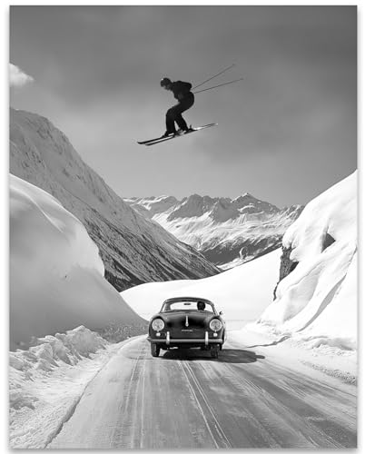 Skier Jumping Over Vintage Porsche Black and White Photography Art - Unique Wall Decor and Gift for Skiing and Car Lovers - Vintage Porsche Memorabilia (Unframed Print Poster, 11x14)