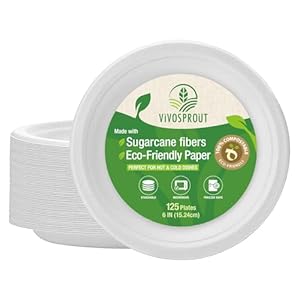 Disposable Compostable Paper Plates 6 Inch [125-Pack], Heavy Duty, Biodegradable Bagasse, Perfect for Birthdays, Dinners, Parties, Camping, and Thanksgiving! (Eco White)