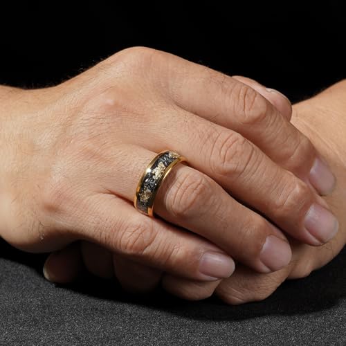 Meteorite Gold Leaf Flakes Wedding Bands Ring 18K Yellow Gold Tungsten Ring Inlay Crushed Meteorite Gold Men Women Wedding Bands Ring Size 7-132