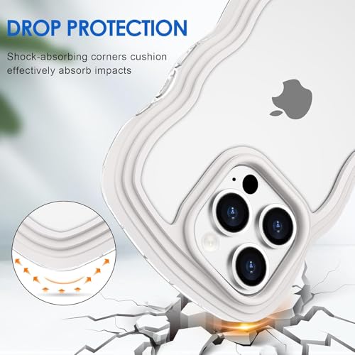 Image of GoldKart iPhone 16 Pro Case Wavy Edge Clear Back Design, Anti-Slip Grip Cute Wave Curly Frame Shape Shockproof Soft TPU & Hard PC Bumper Protective Phone Case Cover for Women Girls - White