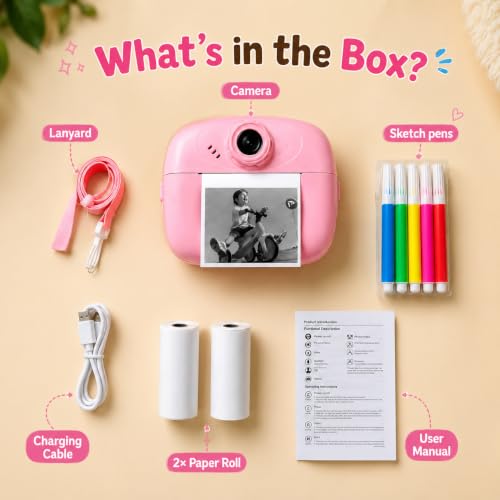 Image of Kids Instant Print Camera - Portable Digital HD Photo & Video Camera for Kids, Built-in Games, Educational Learning Toy for Boys & Girls, Includes 2 Print Rolls, for Birthdays