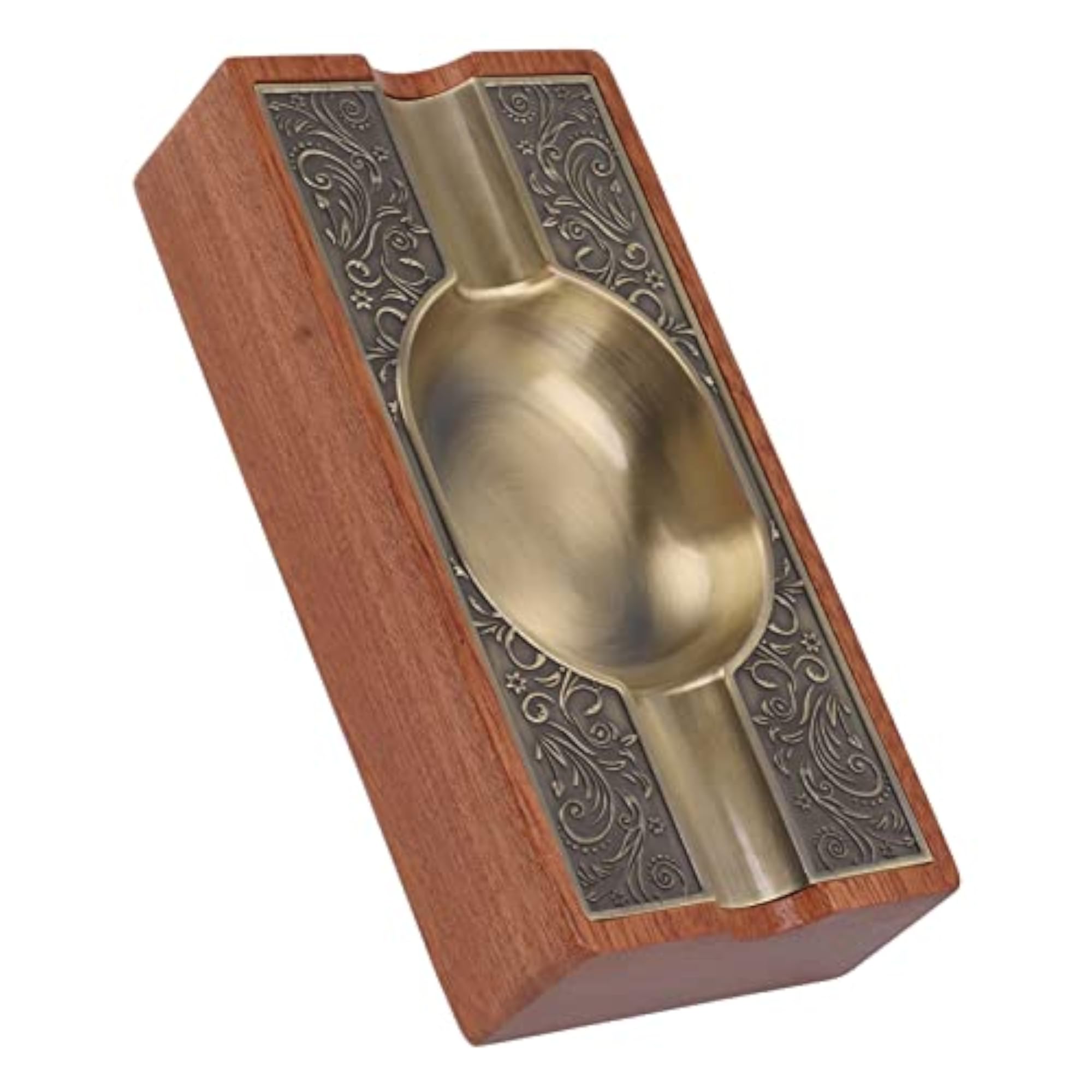 Vintage Solid Wood Cigar Ashtray with Bronze Plating