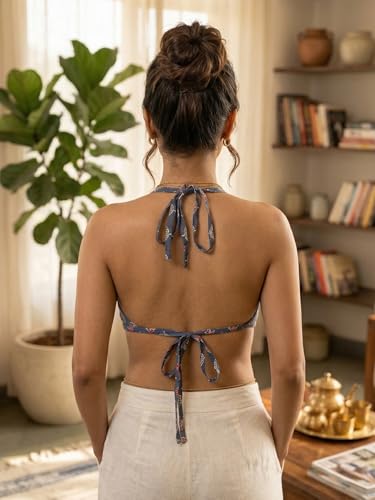 Image of Yash Gallery Women's Regular Fit Cotton Geomatrical Handblock Printed Freesize Backless Sleeveless Blouse