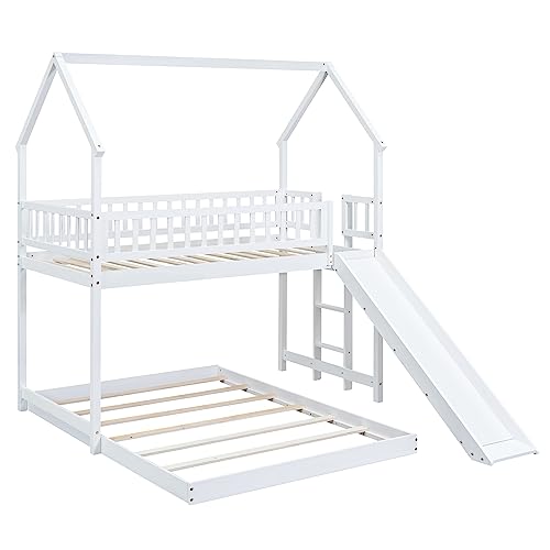 Harper & Bright Designs House Bunk Bed With Slide, Wood Twin Over Full L-Shape Bunk Bed Frame With Roof, Full-Length Guardrail, Built-In Ladder For Kids Teens thumb #5
