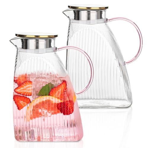 Große 1,8L Glas-Karaffen im 2er-Set mit rosa Griff - Hochwertige Borosilikat-Karaffen mit dichtschließendem Verschluss, ideal für Wasser, Fruchtgetränke, Tee,Premium Glasbehälter