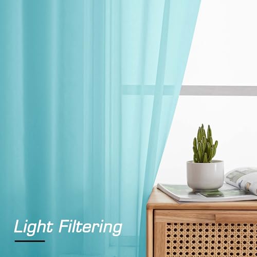 Image of Simplebrand Rod Pocket Top Solid Voile Sheer Curtains for Bedroom, 54 Inch Length Drapes Set of 2, Lightweight and Light Filtering Elegant Aqua Curtains Panels Window Treatment, 42Wx54L, Aqua