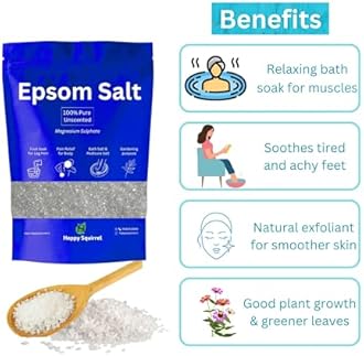 Happy Squirrel Epsom Salt for Foot and Bath | For Pain Relief, Muscle ache & Relaxation | 100% Pure, Unscented - Pack of 5 * 900 (4500 Grams)