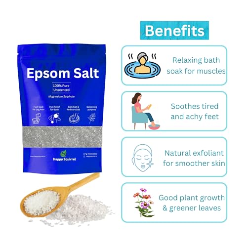 Happy Squirrel Epsom Salt for Foot and Bath | For Pain Relief, Muscle ache & Relaxation | 100% Pure, Unscented - Pack of 5 * 900 (4500 Grams)