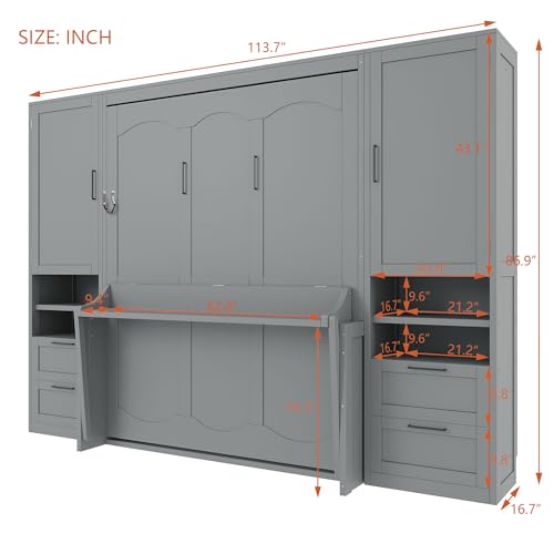 Image of Merax Queen Size Murphy Bed with Desk, Multifunctional Foldable Wall Bed with Closet, Drawers and Shelves, Space-Saving Wood Platform Bed Frame for Small Spaces Studio Study Office Guest Room, Gray